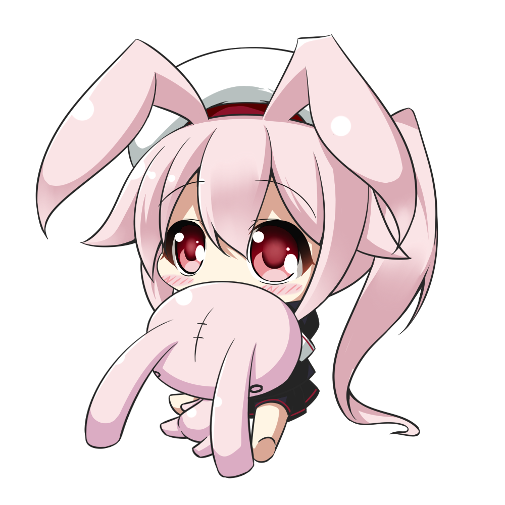 10s 1girl animal_ears beret chibi commentary_request doll_hug harusame_(kantai_collection) hat kantai_collection kemonomimi_mode long_hair looking_at_viewer peta_(taleslove596) pink_hair pleated_skirt rabbit_ears red_eyes school_uniform serafuku side_ponytail simple_background sitting skirt solo stuffed_animal stuffed_bunny stuffed_toy white_background