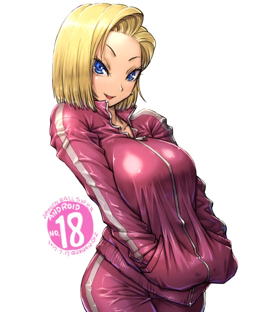 10s 1girl amania_orz android_18 blonde_hair blue_eyes breasts character_name collarbone copyright_name dated dragon_ball dragon_ball_super earrings hands_in_pockets jacket jewelry large_breasts long_sleeves looking_at_viewer pants short_hair simple_background solo track_jacket track_pants track_suit twitter_username white_background zipper