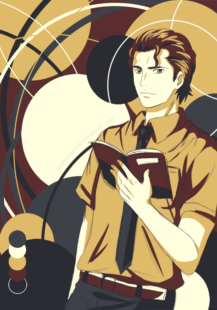 1boy ace_of_diamond arm_at_side belt black_necktie black_pants book brown_eyes brown_hair holding holding_book limited_palette looking_at_viewer male_focus necktie open_book pants solo takigawa_chris_yuu yuminari