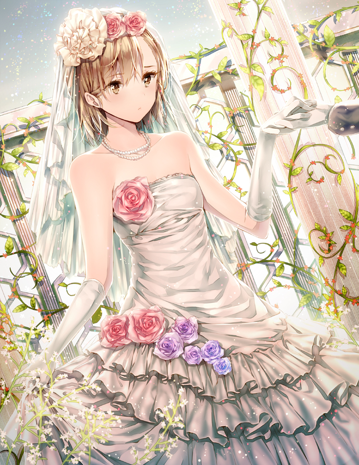 1girl bangs bare_shoulders bridal_veil brown_eyes brown_hair closed_mouth commentary_request dress dsmile eyebrows_visible_through_hair flat_chest flower frilled_dress frills gloves hair_flower hair_ornament hand_holding jewelry misaka_mikoto necklace plant revision rose short_hair skirt_hold solo_focus strapless strapless_dress to_aru_kagaku_no_railgun to_aru_majutsu_no_index veil wedding_dress white_dress white_gloves