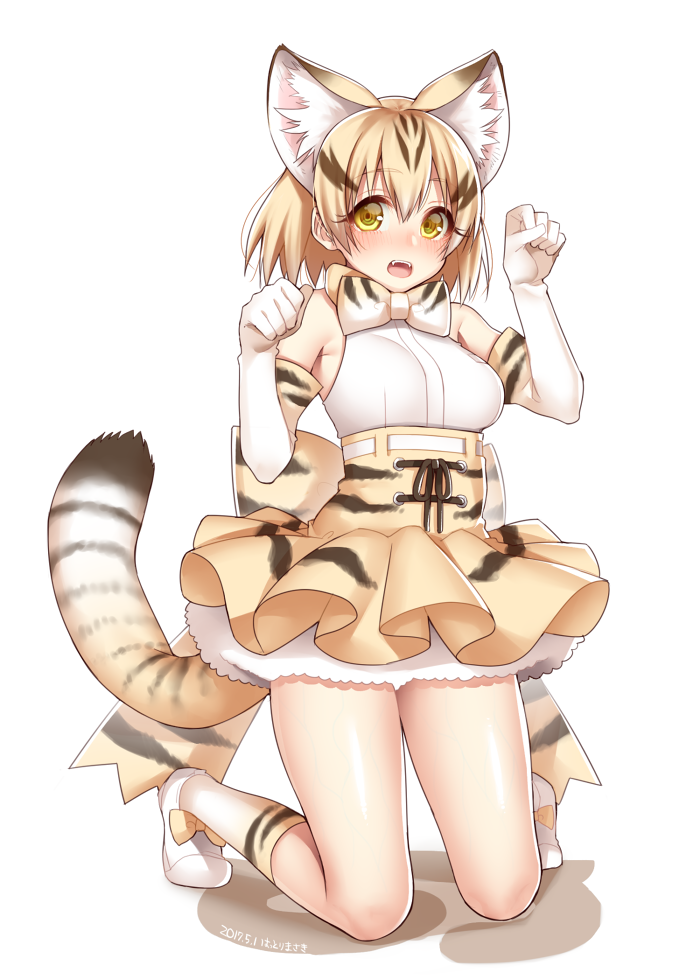 1girl animal_ears animal_print artist_name bangs blonde_hair blush breasts brown_hair dated elbow_gloves eyebrows_visible_through_hair fang gloves hands_up hattori_masaki high-waist_skirt kemono_friends kneehighs kneeling looking_at_viewer medium_breasts multicolored_hair open_mouth sand_cat_(kemono_friends) shoes short_hair skirt smile solo tail teeth thighs white_gloves white_legwear white_shoes yellow_eyes