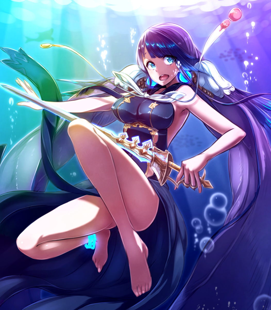 1girl air_bubble armpits bare_arms bare_legs bare_shoulders barefoot black_dress blue_eyes breasts convenient_leg dress gluteal_fold hair_ornament highres holding holding_sword holding_weapon large_breasts long_hair looking_at_viewer low_twintails ningyo_hime_(sinoalice) open-back_dress open_mouth pecolondon purple_hair rapier sinoalice solo sword twintails underwater very_long_hair weapon