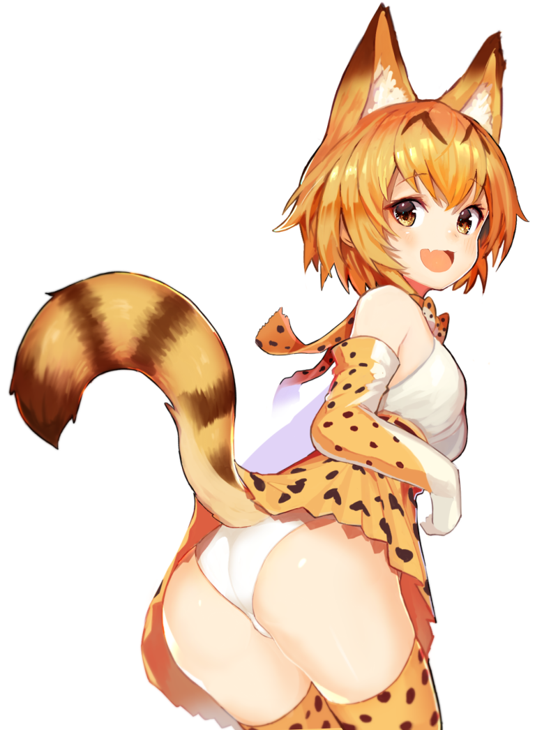 1girl animal_ears ass blush bow bowtie brown_eyes brown_hair commentary_request cowboy_shot elbow_gloves fang from_behind gloves high-waist_skirt kemono_friends leaning_forward looking_at_viewer looking_back open_mouth panties serval_(kemono_friends) serval_ears serval_print serval_tail shirt short_hair simple_background skirt sleeveless sleeveless_shirt solo striped_tail tail thigh-highs tokiwa_online underwear white_background white_panties