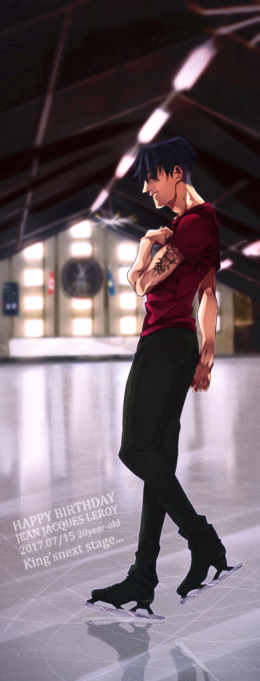 1boy absurdres arm_tattoo black_hair character_name closed_eyes con_potata dated english happy_birthday highres ice_skates jean-jacques_leroy male_focus profile skates skating_rink tattoo yuri!!!_on_ice