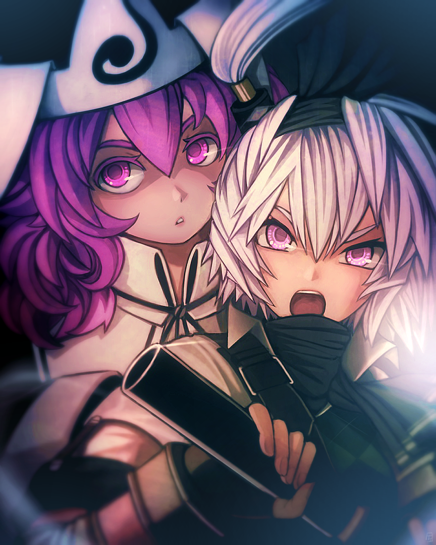 2girls alternate_costume alternate_eye_color alternate_hair_color bangs black_scarf blurry collared_shirt expressionless fingerless_gloves fixelcat gloves gradient_hair hair_between_eyes hairband hat holding holding_sword holding_weapon konpaku_youmu konpaku_youmu_(ghost) lavender_hair light_trail long_hair looking_at_viewer looking_up mob_cap multicolored_hair multiple_girls open_mouth parted_lips pink_eyes pink_hair plaid plaid_vest saigyouji_yuyuko scabbard scarf serious sheath sheathed shirt short_hair short_sleeves shouting silver_hair sword teeth touhou triangular_headpiece unsheathing upper_body vest weapon white_shirt