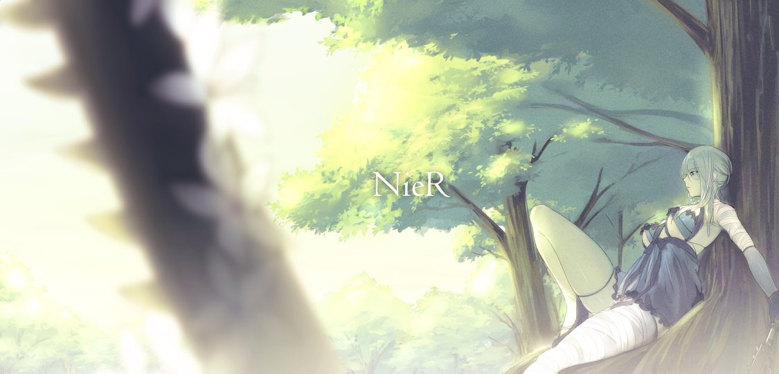 1girl bandage breasts cis05 copyright_name day elbow_gloves flower forest gloves hair_ornament kaine_(nier) lingerie nature nier nier_(series) outdoors sitting solo sword underwear weapon white_hair