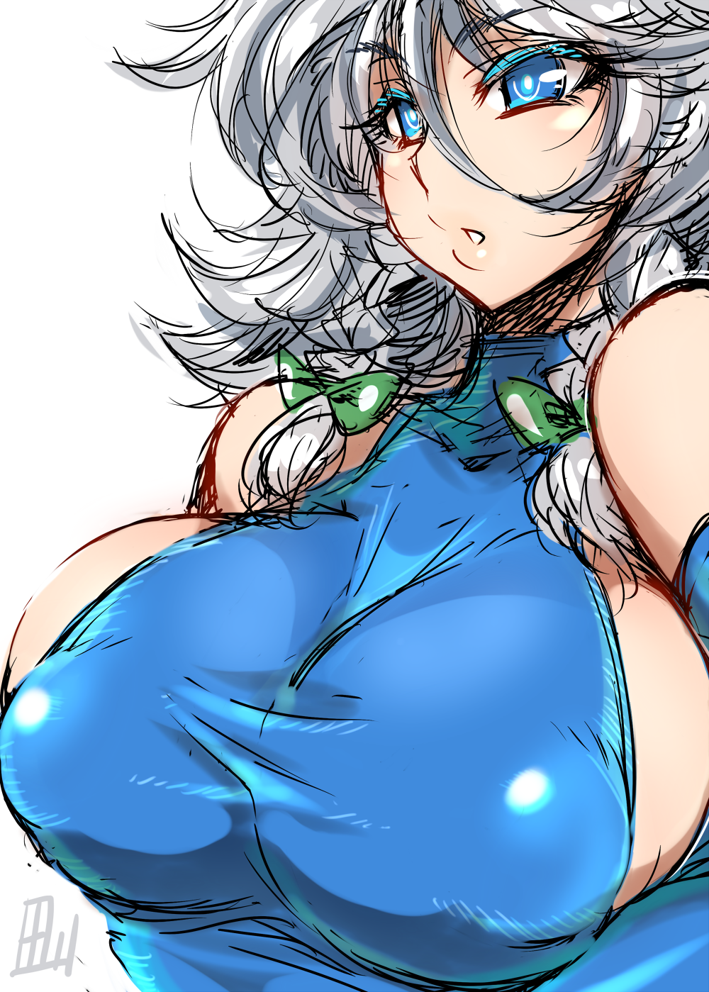 1girl alternate_costume bangs blue_eyes blue_leotard bow braid breasts bridal_gauntlets colored_eyelashes erect_nipples expressionless from_side hair_between_eyes hair_bow highres huge_breasts izayoi_sakuya leotard looking_afar parted_lips puffy_nipples shiny shiny_clothes simple_background sketch solo tajima_yuuki touhou turtleneck twin_braids upper_body white_background white_pupils