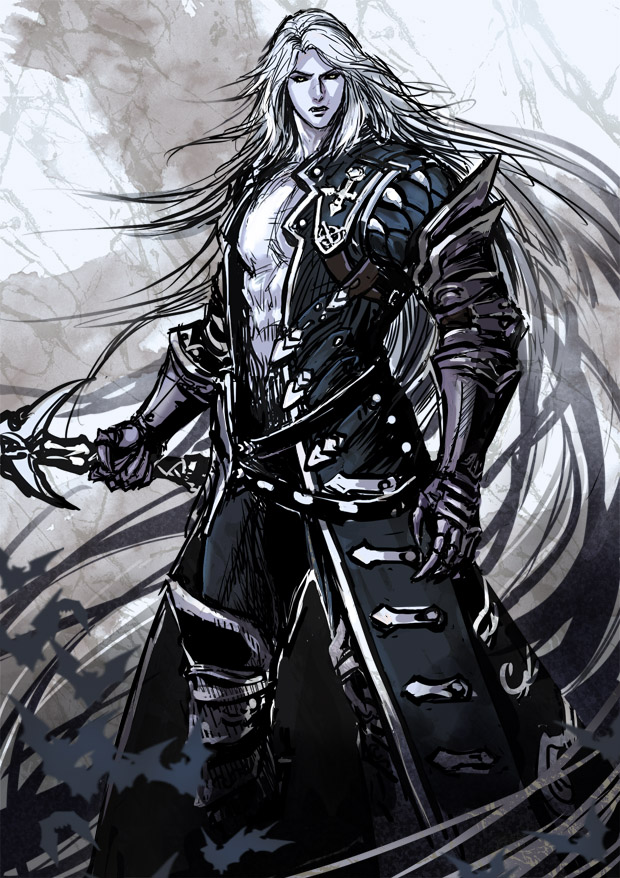 1boy alucard armor castlevania:_lords_of_shadow claws fangs greaves grey_skin long_coat long_hair male_focus muscle open_clothes open_shirt shirt solo sword vampire very_long_hair weapon white_hair white_sclera ya-ma-to