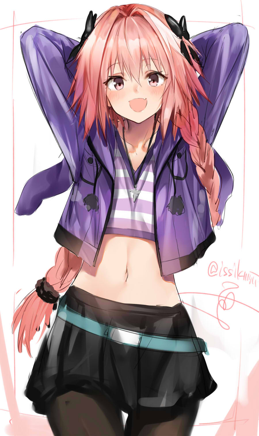1boy arms_behind_head artist_name belt black_skirt blush bow braid casual collarbone cross cross_necklace fang fate/apocrypha fate_(series) hair_bow hair_intakes highres hood hoodie isshiki_(ffmania7) jacket jewelry long_hair midriff multicolored_hair navel necklace open_clothes open_jacket open_mouth pantyhose pink_eyes pink_hair purple_jacket rider_of_black scrunchie shirt signature simple_background skirt smile solo streaked_hair striped striped_shirt trap twitter_username