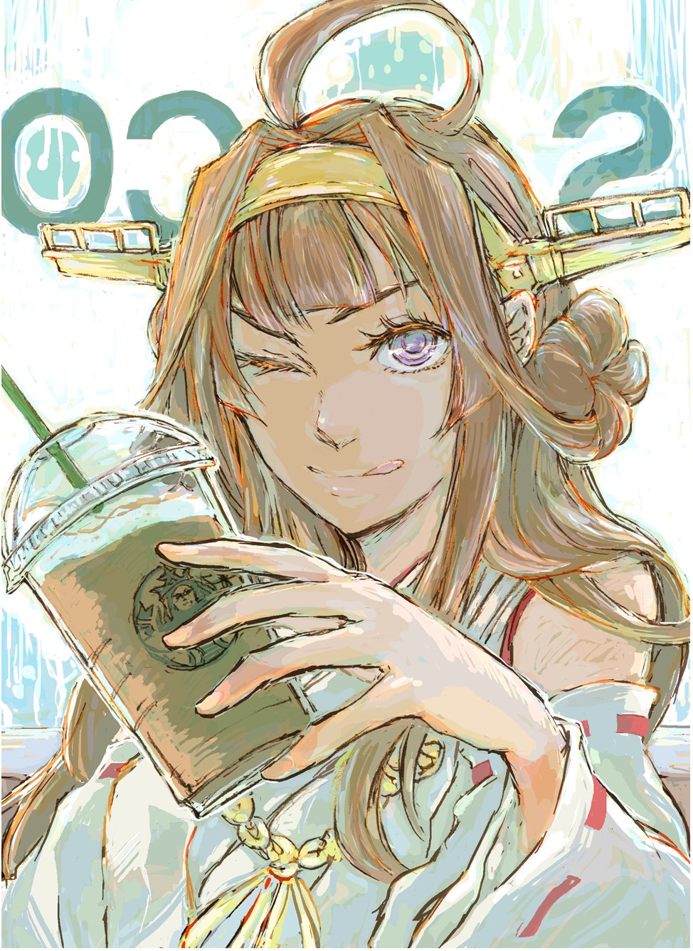 10s 1girl ahoge bare_shoulders brown_hair coffee cup detached_sleeves double_bun drinking_straw hair_over_shoulder hairband headgear highres holding holding_cup japanese_clothes kantai_collection kongou_(kantai_collection) long_hair long_sleeves looking_at_viewer nontraditional_miko one_eye_closed plastic_cup print_cup ribbon-trimmed_sleeves ribbon_trim shaded_face solo starbucks tongue tongue_out upper_body violet_eyes wide_sleeves yamada_rei_(rou)