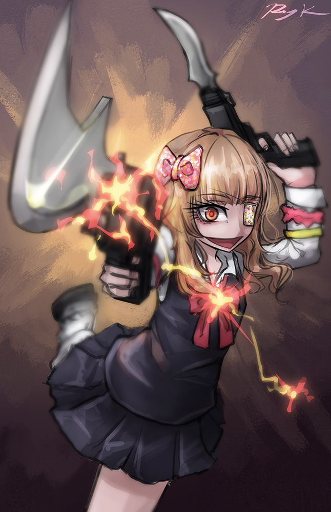 1girl :d artist_name blonde_hair bow bowtie character_request copyright_request dual_wielding eyebrows_visible_through_hair eyepatch firing firing_at_viewer gun gunblade hair_bow handgun leg_warmers long_hair looking_at_viewer open_mouth pleated_skirt ray-k red_eyes signature skirt smile solo wavy_hair weapon