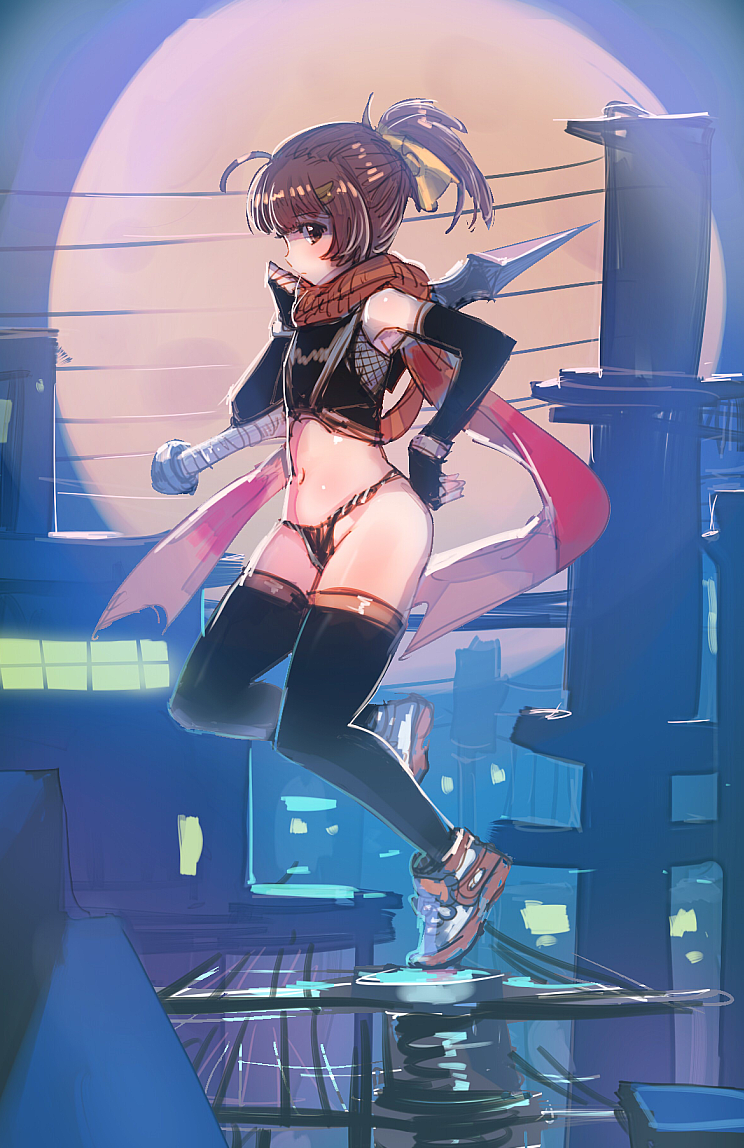 1girl ass black_legwear bow_(bhp) brown_eyes brown_hair cityscape flat_chest from_side fundoshi hair_ornament hairpin hand_in_front_of_face japanese_clothes kunai looking_at_viewer navel ninja orange_scarf original ponytail scarf shoes short_hair solo standing standing_on_one_leg thigh-highs thong weapon weapon_on_back