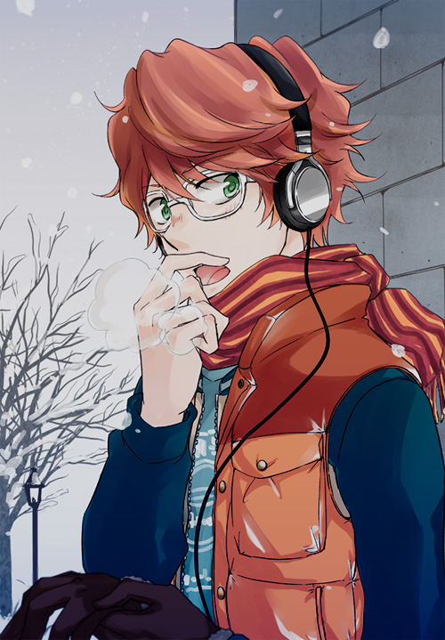 1boy blush glasses gloves gloves_removed green_eyes headphones irie_shoichi katekyo_hitman_reborn male_focus open_mouth orange_hair scarf snow snowing solo tree