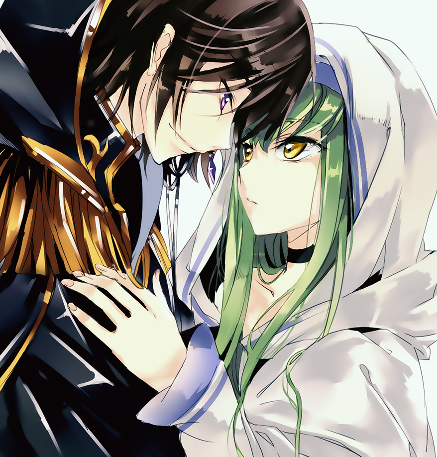 1boy 1girl bangs black_hair c.c. code_geass collarbone eyebrows_visible_through_hair green_hair hair_between_eyes hood jewelry julius_kingsley long_hair long_sleeves looking_at_another meimi_k short_hair sidelocks simple_background smile uniform upper_body violet_eyes yellow_eyes