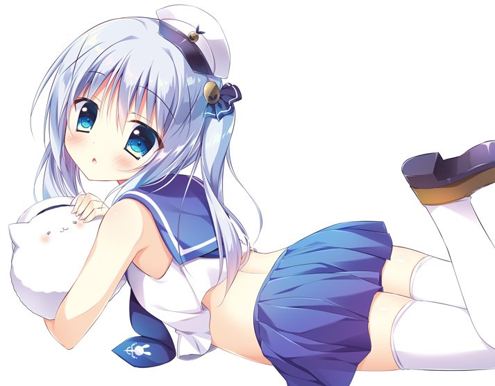 1girl blue_eyes blue_hair blue_skirt crop_top from_side gochuumon_wa_usagi_desu_ka? hair_ornament hairclip hat hug kafuu_chino legs_up long_hair lying midriff on_stomach shirt shoes skirt thigh-highs tippy_(gochiusa) twintails white_legwear white_shirt zettai_ryouiki