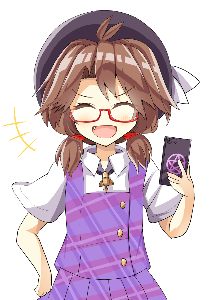 1girl ahoge aki_chimaki blush brown_hair cellphone closed_eyes collared_shirt fang fedora glasses hair_ribbon hat laughing looking_at_viewer low_twintails phone plaid plaid_skirt plaid_vest pleated_skirt purple_skirt purple_vest red-framed_eyewear ribbon school_uniform semi-rimless_glasses shiny shiny_hair shirt short_sleeves simple_background skirt smartphone solo touhou twintails under-rim_glasses unmoving_pattern usami_sumireko vest white_background white_shirt