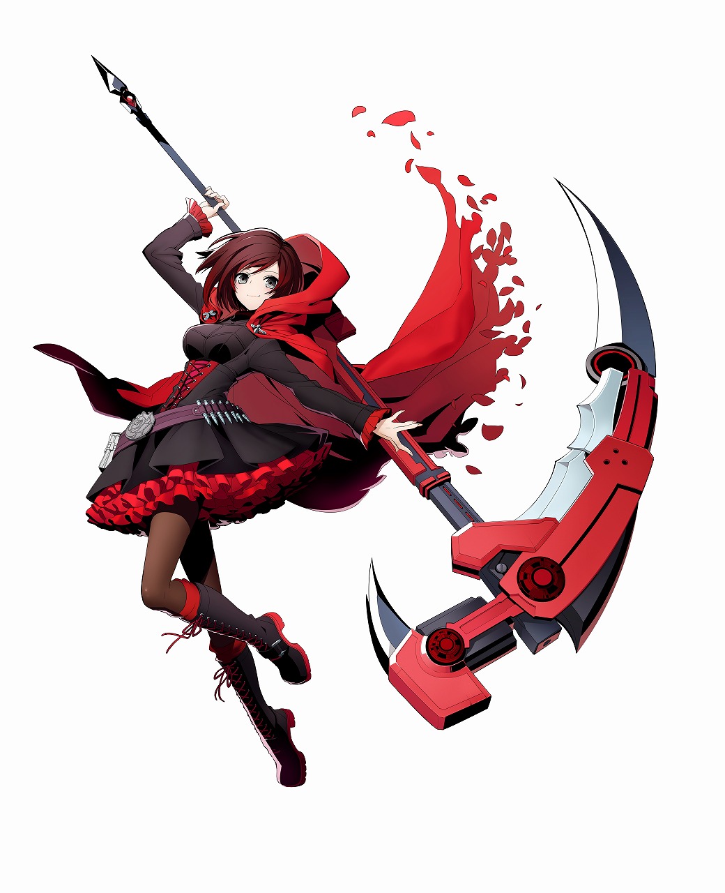 1girl arc_system_works bandolier black_boots black_hair black_legwear blazblue blazblue:_cross_tag_battle boots brown_hair cloak crescent_rose cross-laced_footwear flower full_body grey_eyes highres higuchi_konomi hood hooded_cloak lace-up_boots official_art pantyhose petals petticoat pouch red_hood rose rose_petals ruby_rose rwby scythe short_hair simple_background smile solo white_background