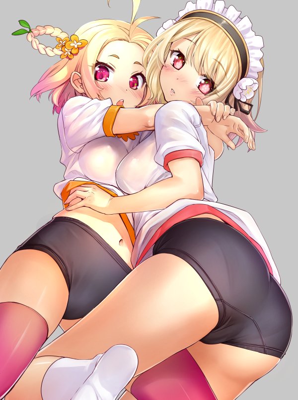 2girls alternate_costume antenna_hair apricot_(flower_knight_girl) arms_around_neck ass blonde_hair blush buruma commentary_request flower flower_knight_girl grey_background hair_flower hair_ornament hug looking_at_viewer maid_headdress multiple_girls navel parted_lips red_eyes sasayuki short_hair thigh-highs violet_eyes yadorigi_(flower_knight_girl)