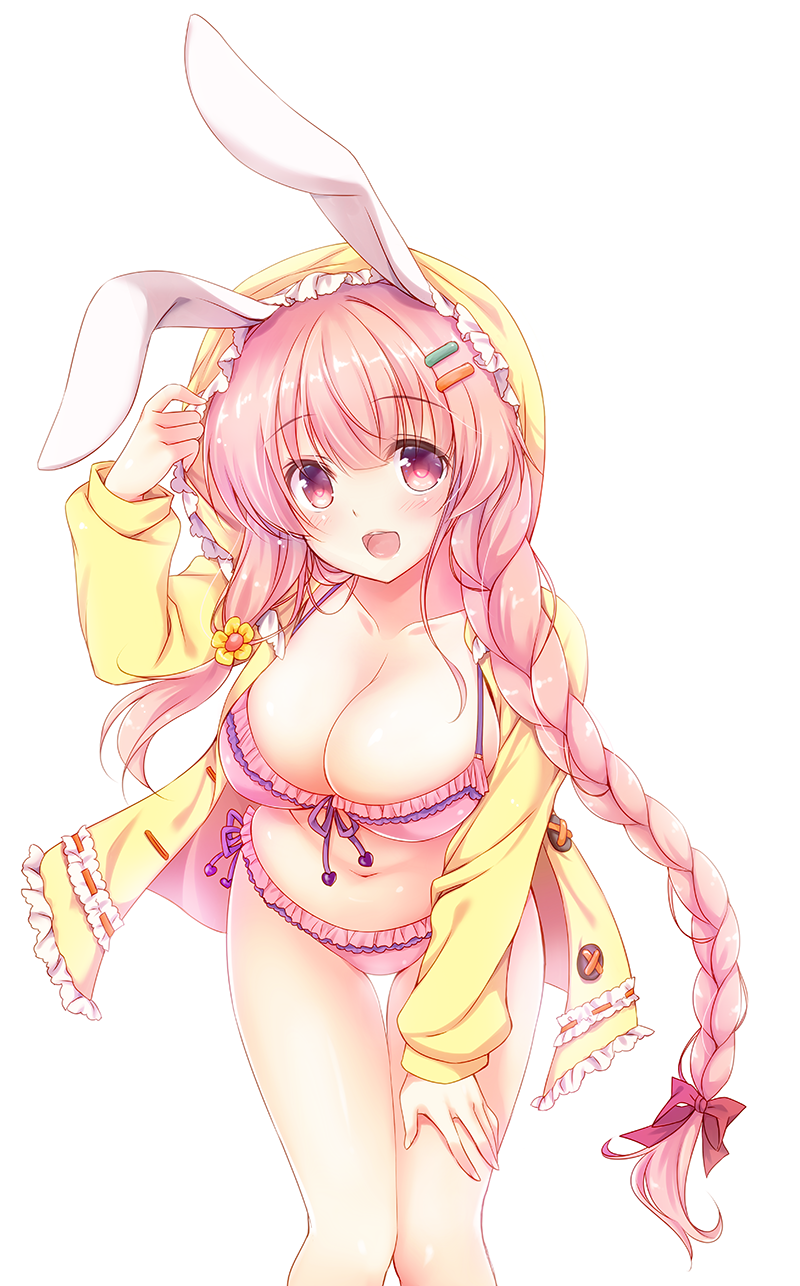 1girl :d animal_ears animal_hood bangs bikini blush braid breasts bunny_hood cleavage collarbone eyebrows_visible_through_hair flower frills hair_flower hair_ornament hair_ribbon hairclip highres hood hoodie large_breasts long_hair looking_at_viewer open_clothes open_hoodie open_mouth original pink_bikini pink_eyes pink_hair rabbit_ears red_ribbon ribbon rinka_(yuyutei) side_braid simple_background single_braid smile solo swimsuit tress_ribbon very_long_hair white_background