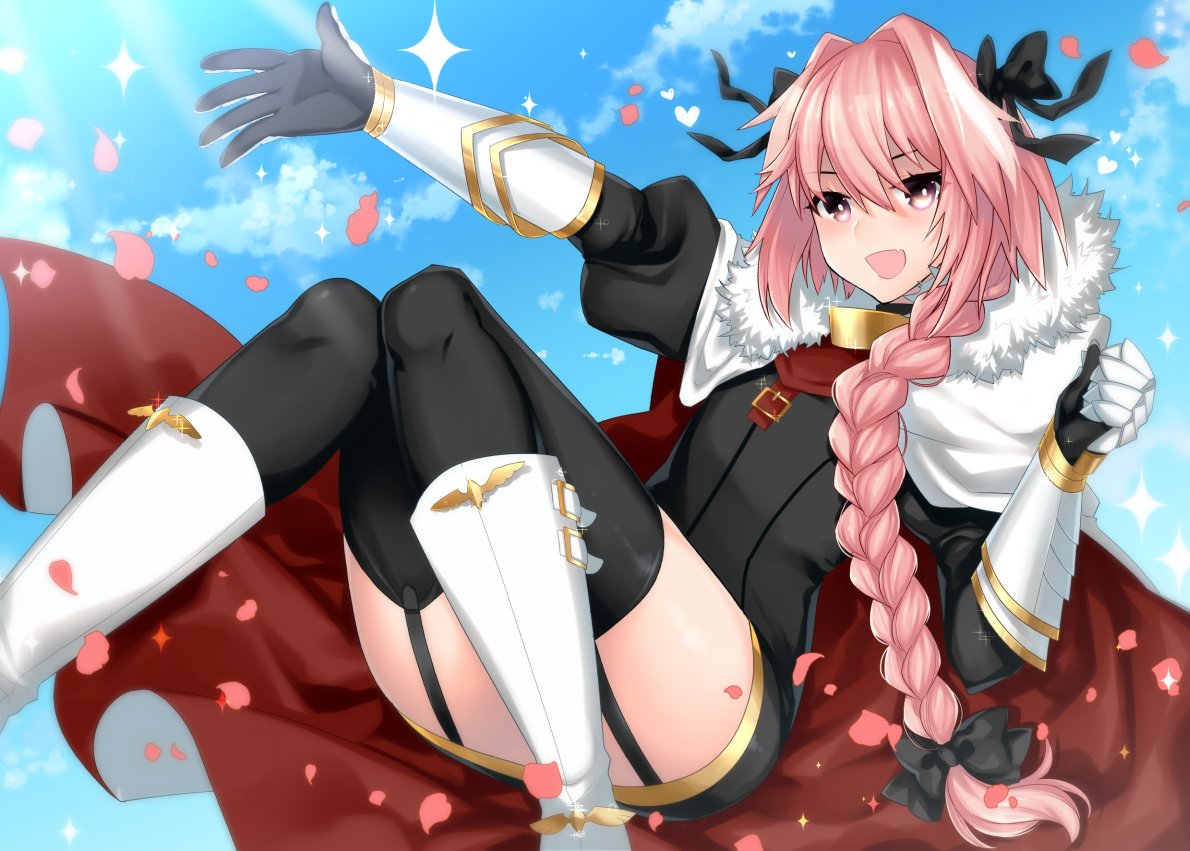 1boy anoshabu black_bow blue_sky bow elbow_gloves fang fate/apocrypha fate/grand_order fate_(series) garter_straps gloves hair_ribbon long_hair male_focus multicolored_hair outstretched_hand pink_hair ribbon rider_of_black sky smile streaked_hair thigh-highs very_long_hair white_hair