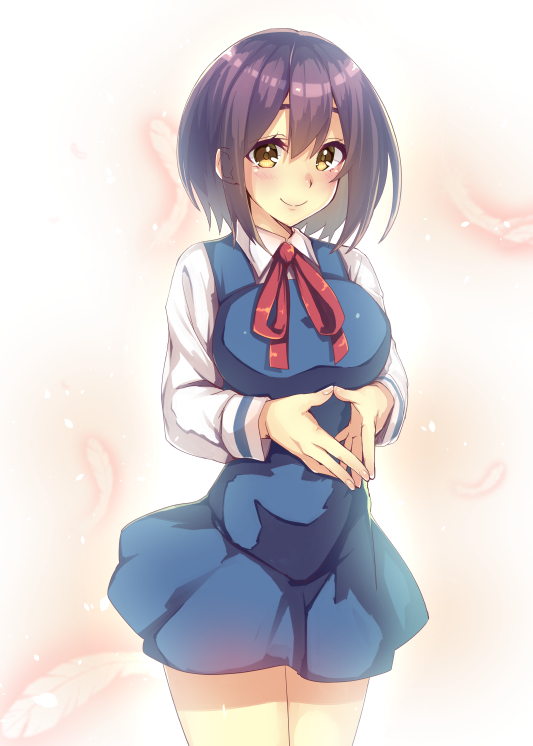 1girl bangs blue_dress blush breasts brown_hair closed_mouth collared_shirt commentary_request cowboy_shot dress feathers fingers_together hair_between_eyes large_breasts long_sleeves looking_at_viewer neck_ribbon pinafore_dress red_ribbon ribbon samon-kun_wa_summoner satou_(kuso-neet) shirt short_hair smile solo standing teshigawara_sakura two-tone_background white_shirt wing_collar yellow_eyes