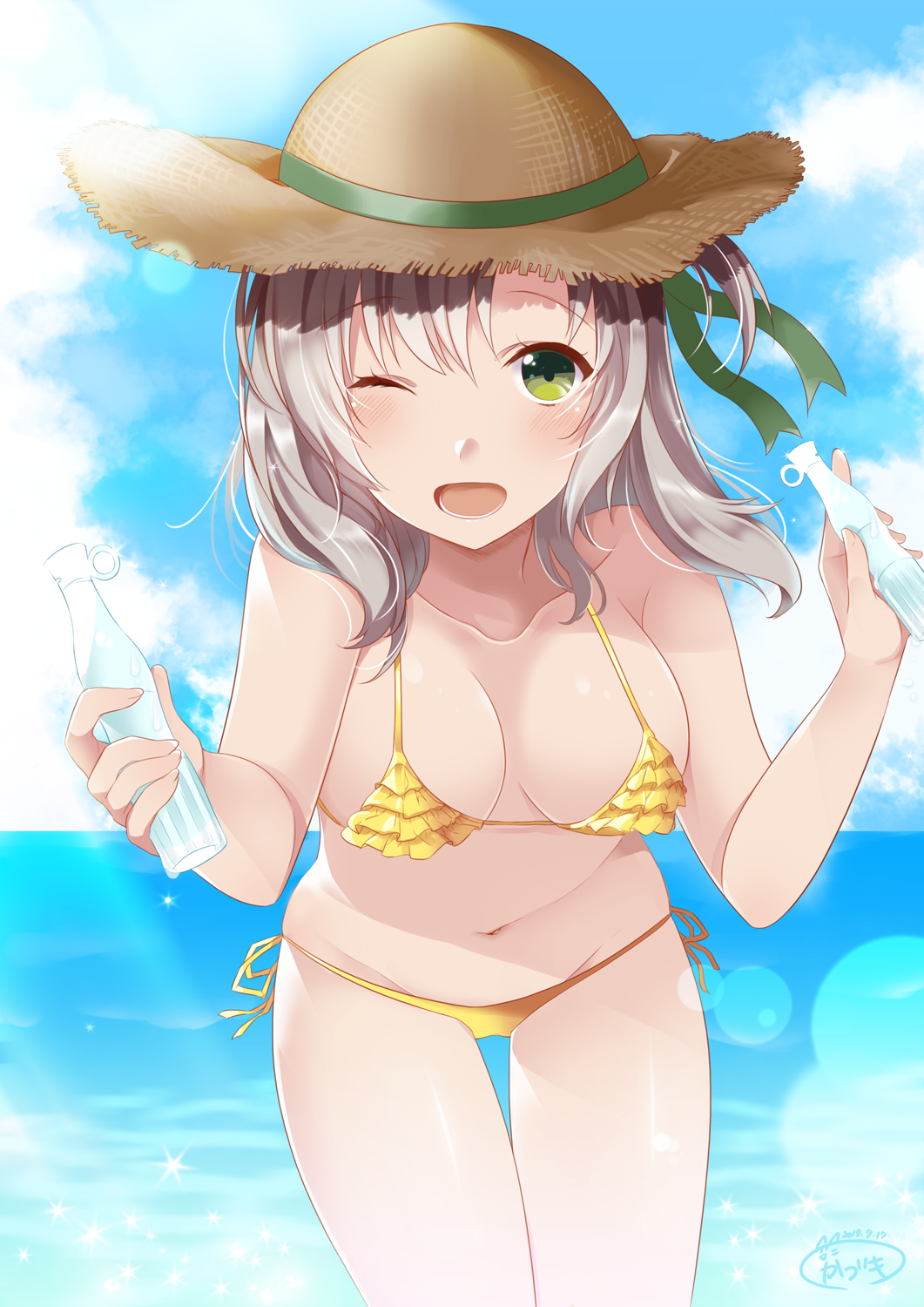 10s :d bare_arms bare_shoulders bikini blush bottle breasts clouds cloudy_sky collarbone commentary_request cowboy_shot dated day green_eyes halterneck hat highres holding holding_bottle kadzuki_kan kantai_collection kinugasa_(kantai_collection) leaning_forward lens_flare long_hair looking_at_viewer medium_breasts micro_bikini navel one_eye_closed open_mouth outdoors side-tie_bikini signature sky smile stomach straw_hat swimsuit w_arms yellow_bikini