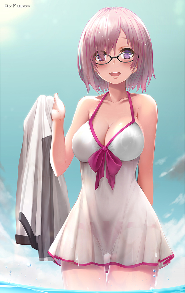 1girl artist_name bangs black-framed_eyewear blush breasts cleavage cowboy_shot day fate/grand_order fate_(series) glasses gluteal_fold hair_over_one_eye hand_up holding large_breasts ocean open_mouth outdoors purple_hair rods see-through shielder_(fate/grand_order) smile solo swimsuit thigh_gap violet_eyes wading wet wet_clothes