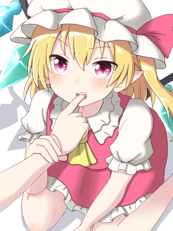 1girl biting blonde_hair dadamori fangs finger_biting finger_in_mouth hat hat_ribbon looking_at_viewer mob_cap pointy_ears pov pov_hands puffy_short_sleeves puffy_sleeves red_eyes ribbon shadow short_sleeves side_ponytail simple_background sitting skirt skirt_set slit_pupils solo touhou wariza white_background wings wrist_grab