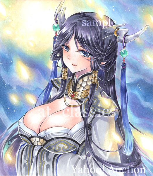 1girl artist_name at_classics bangs black_eyes black_hair breasts cleavage expressionless eyebrows_visible_through_hair hair_tubes horns jewelry large_breasts long_hair looking_at_viewer original parted_bangs parted_lips sample sidelocks solo traditional_media upper_body watermark