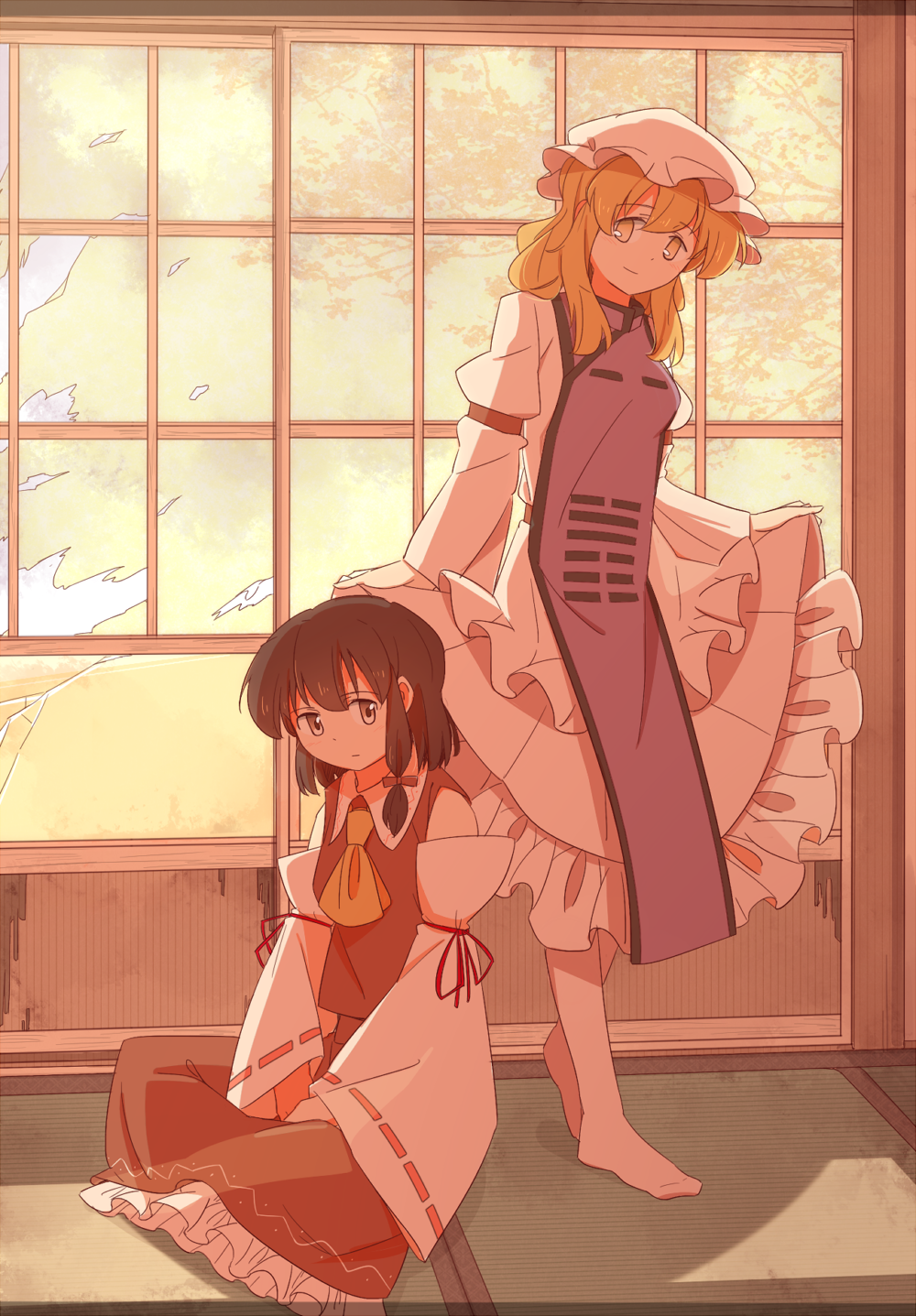 2girls barefoot blonde_hair brown_eyes brown_hair cosplay detached_sleeves dress hair_ribbon hakurei_reimu hakurei_reimu_(cosplay) hat highres long_hair looking_at_viewer maribel_hearn mob_cap multiple_girls neckerchief nontraditional_miko ribbon short_hair sitting smile tabard tatami touhou unagi_sango usami_renko wide_sleeves window yakumo_yukari yakumo_yukari_(cosplay) yellow_eyes