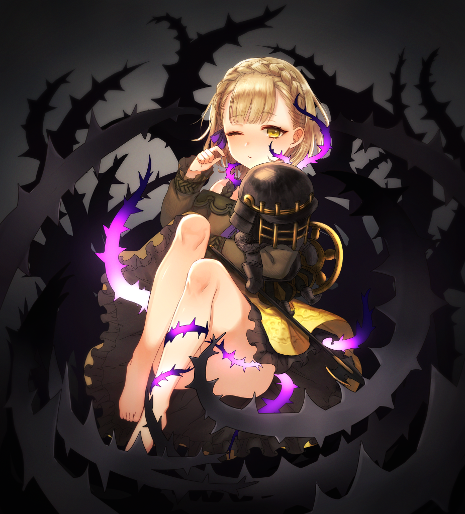 1girl axe bangs barefoot black_dress blonde_hair blush braid briar_rose_(sinoalice) crown_braid doll dress eyebrows_visible_through_hair frilled_sleeves frills half-closed_eye hand_up looking_at_viewer one_eye_closed parted_lips short_hair sinoalice sitting solo thorns weapon yakibird yellow_eyes