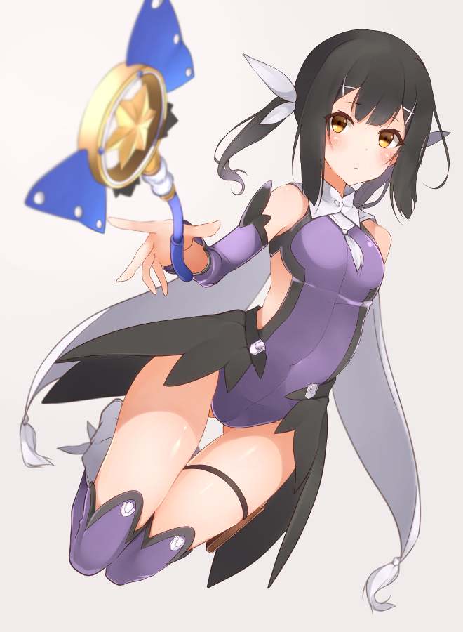 1girl black_hair blue_legwear blue_leotard boots brown_eyes cape covered_navel detached_sleeves fate/kaleid_liner_prisma_illya fate_(series) gluteal_fold hair_ornament hairclip hechi_(hechi322) legs_up leotard long_hair magical_sapphire miyu_edelfelt outstretched_hand ribbon showgirl_skirt thigh-highs thigh_gap thigh_strap twintails
