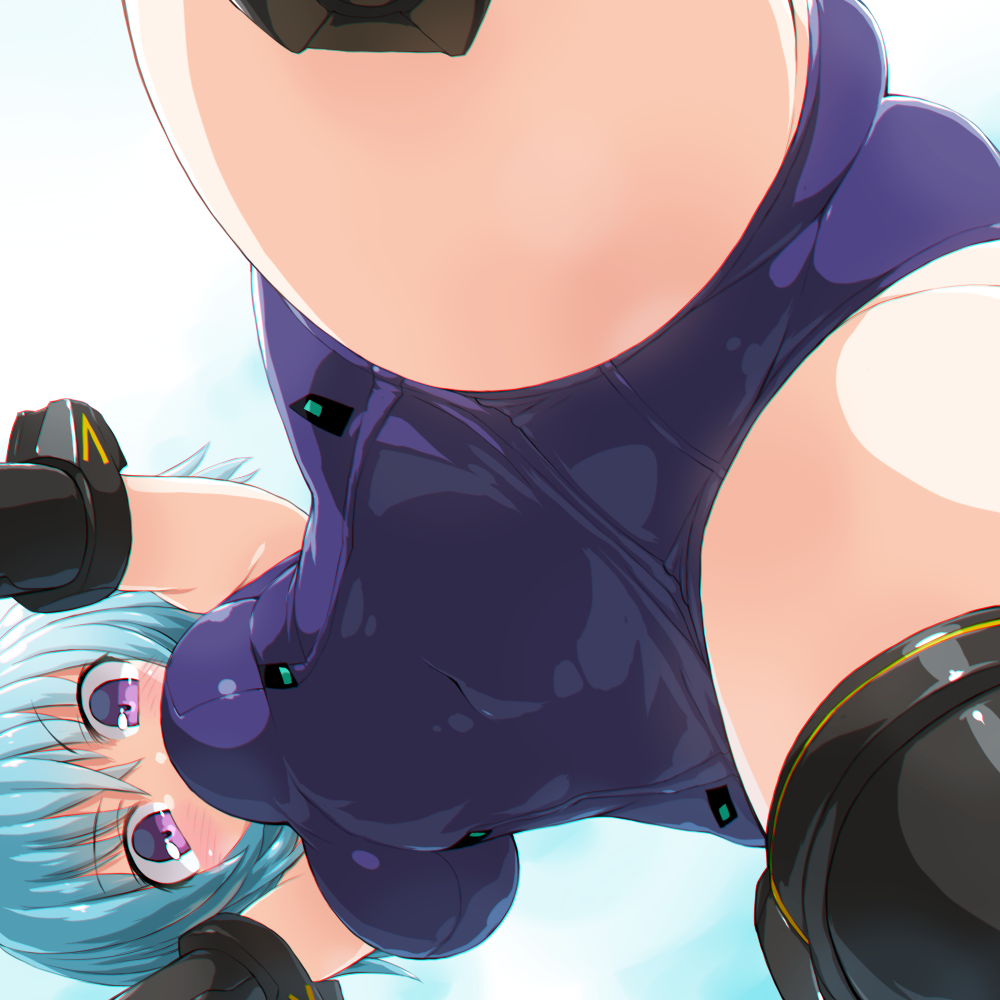 1girl ass black_legwear blue_hair breasts clothed_navel covered_navel dd_(ijigendd) elbow_gloves frame_arms_girl gloves hresvelgr looking_down school_swimsuit short_hair solo spread_legs swimsuit thigh-highs thighs violet_eyes