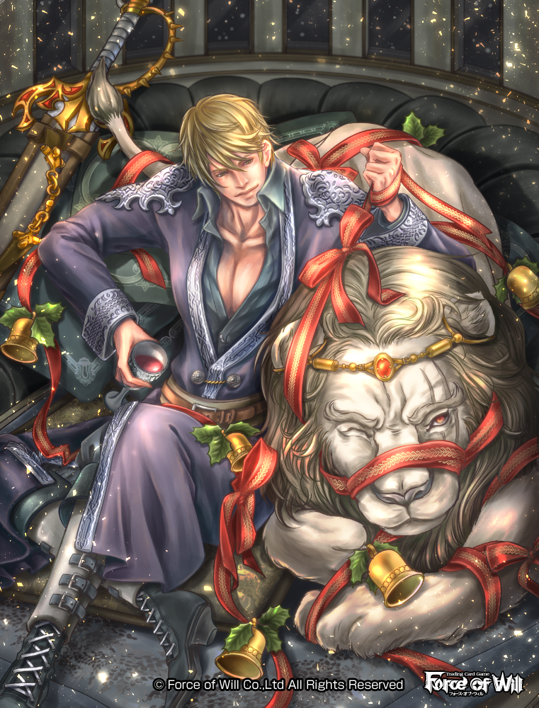 1boy alcohol bell blonde_hair boots bow copyright_name couch force_of_will kamijororo leaf lion male_focus official_art one_eye_closed pillow red_eyes sitting solo sparkle sword weapon wine yellow_eyes