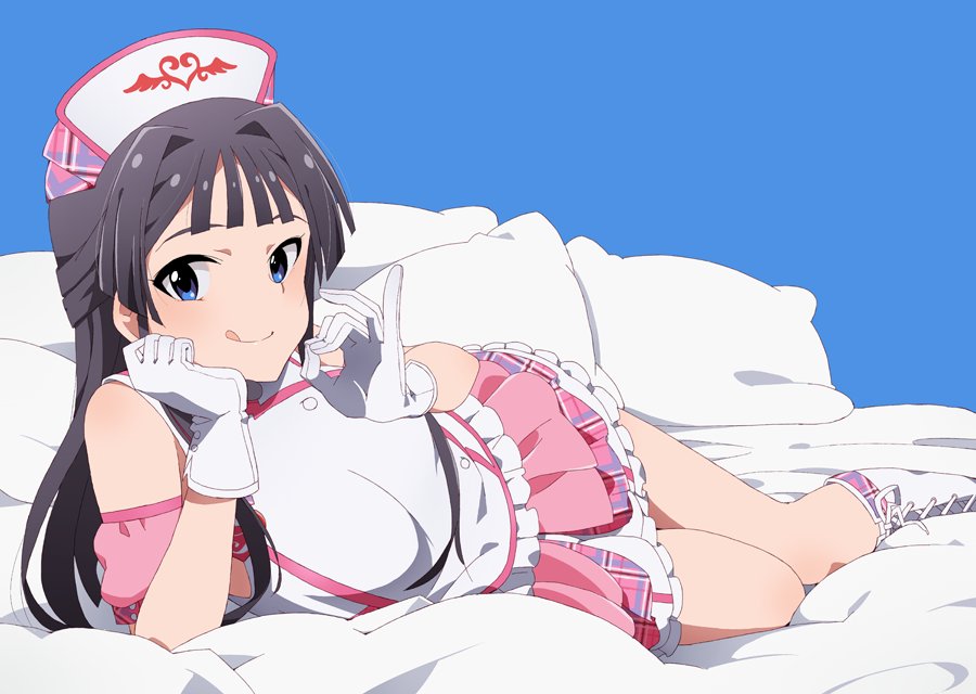 1girl :q arm_support black_hair blue_eyes blush come_hither commentary_request gloves hat idolmaster idolmaster_million_live! long_hair looking_at_viewer lying mogami_shizuka nanakura_nanane naughty_face nurse nurse_cap on_side smile solo tongue tongue_out white_gloves
