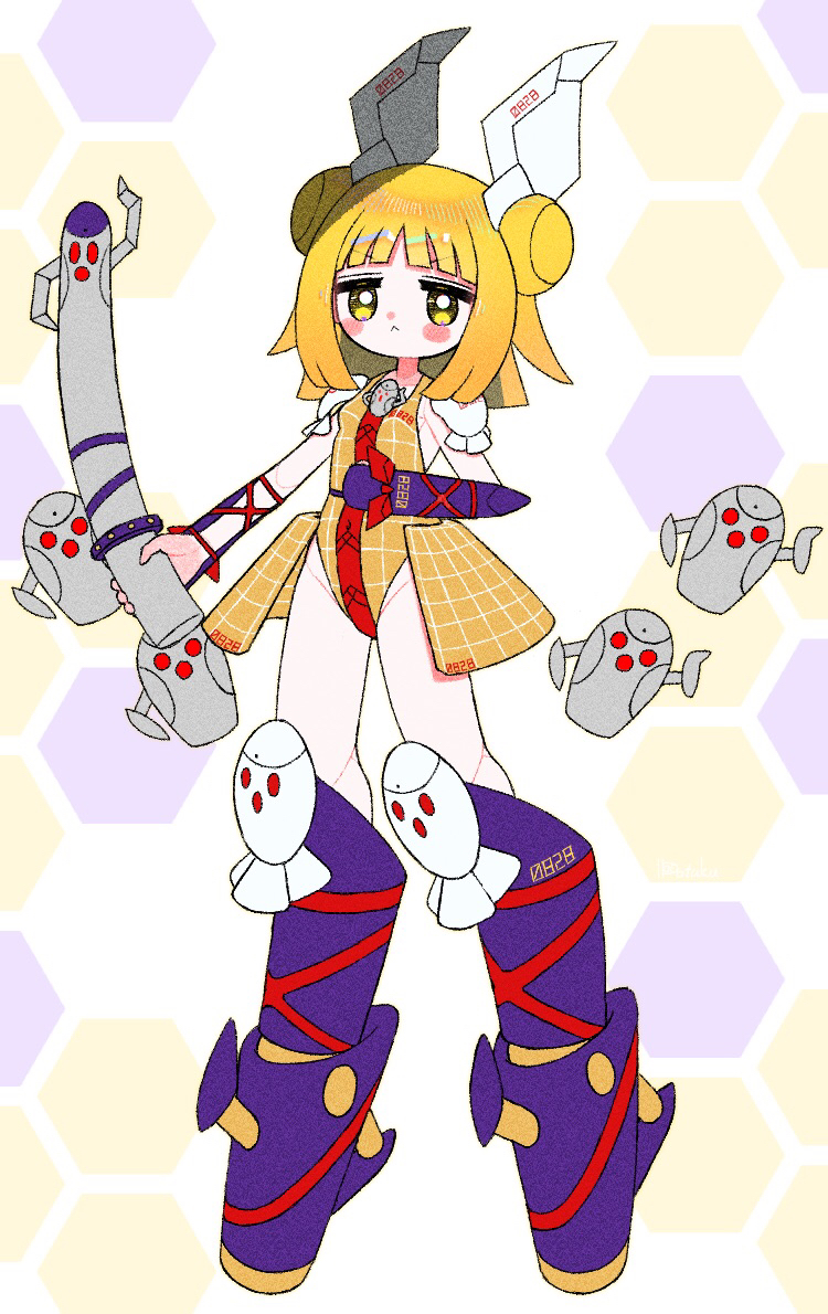 1girl :&lt; adapted_costume armor bangs blonde_hair bloomers blunt_bangs blush_stickers breasts dotaku_(wran8845) double_bun hair_ribbon haniwa_(statue) hexagon holding jitome joutouguu_mayumi leotard leotard_under_clothes mecha_musume mechanical_arms mechanization pauldrons plaid_leotard ribbon short_hair shoulder_armor sidelocks small_breasts solo touhou underwear white_ribbon yellow_eyes yellow_leotard