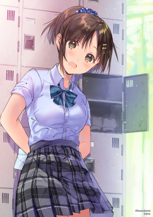 1girl arms_behind_back blush bow breasts brown_eyes brown_hair commentary_request eyebrows_visible_through_hair hair_bow hair_ornament hairclip hanekoto holding looking_at_viewer medium_breasts open_mouth original plaid plaid_skirt school_uniform short_sleeves skirt solo