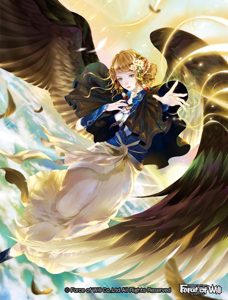 1girl blonde_hair capelet circlet clouds copyright_name curly_hair day dress earrings feathered_wings feathers flower force_of_will green_eyes hair_bun hair_flower hair_ornament jewelry necklace official_art sky solo wings