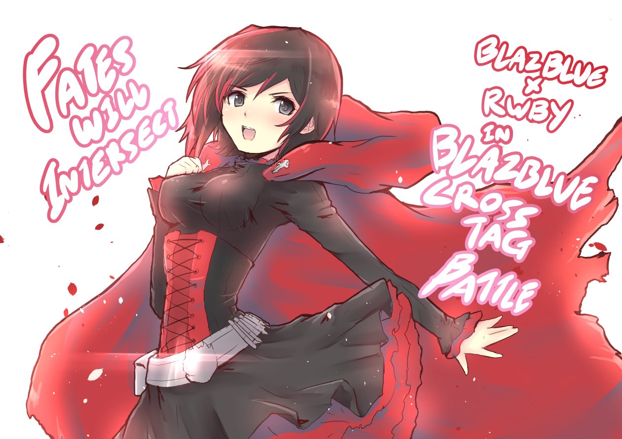 1girl black_dress blazblue:_cross_tag_battle cape cat_with_a_brush commentary_request corset dress english ruby_rose rwby solo title