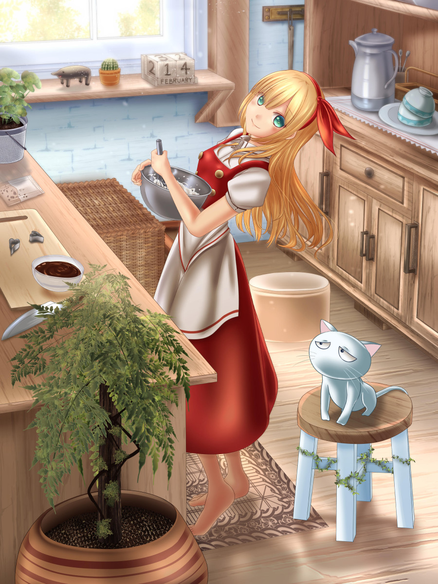 1girl barefoot blonde_hair cactus carpet cat chocolate cooking dress ellen green_eyes highres knife plant shounen_(hogehoge) sokrates_(touhou) touhou touhou_(pc-98) whisk white_cat