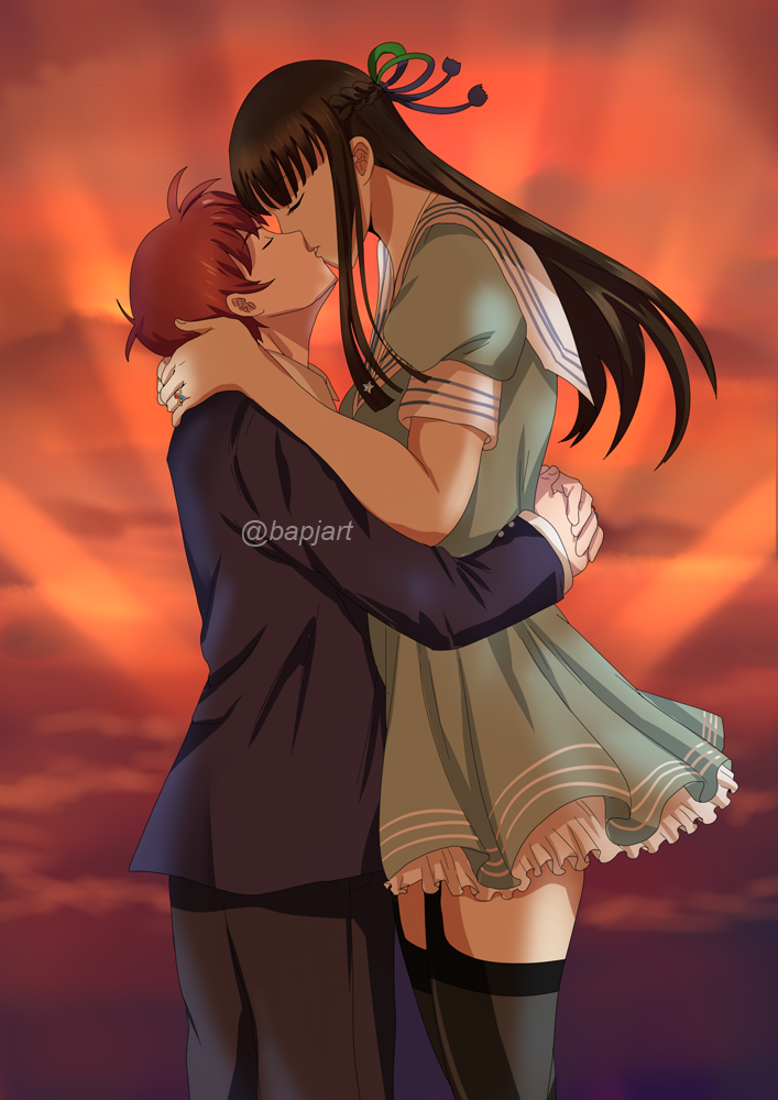 10s 1boy 1girl alternate_costume alternate_hairstyle backlighting beta_(joutarou) black_hair black_legwear blue_ribbon braid closed_eyes commentary dress engagement_ring french_braid garter_straps green_ribbon height_difference hug iowa_(pacific) jewelry kantai_collection kiss layered_dress multicolored multicolored_ribbon necklace no_hat no_headwear pacific puffy_short_sleeves puffy_sleeves redhead ribbon sailor_dress short_sleeves star_necklace thigh-highs