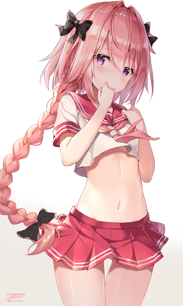 1boy bangs black_bow blush bow braid breasts closed_mouth commentary_request crop_top eyebrows_visible_through_hair fate/apocrypha fate/grand_order fate_(series) hair_bow hair_ribbon long_hair looking_at_viewer male_focus midriff navel neckerchief pink_hair pink_neckerchief pleated_skirt ribbon rider_of_black rin_yuu school_uniform serafuku shirt short_sleeves single_braid skirt small_breasts standing thigh_gap trap very_long_hair violet_eyes white_shirt