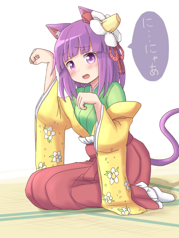 1girl animal_ears blush cat_ears cat_tail dadamori embarrassed floral_print flower hair_flower hair_ornament hieda_no_akyuu indoors japanese_clothes kemonomimi_mode kimono looking_at_viewer nyan open_mouth paw_pose purple_hair shadow short_hair simple_background sitting solo speech_bubble tail tatami touhou translated violet_eyes wariza white_background
