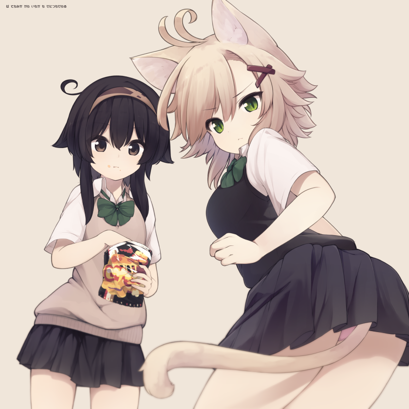 2girls ahoge animal_ears bag_of_chips bangs beige_background black_hair black_skirt blush brown_eyes brown_hair cat_ears closed_mouth commentary_request eyebrows_visible_through_hair food food_on_face green_eyes hair_between_eyes hair_ornament hairband looking_at_viewer looking_back multiple_girls natsuki_teru nekomiya_ryuu original panties pantyshot pink_panties pleated_skirt school_uniform shikibe_ayaka short_hair short_sleeves sidelocks simple_background skirt sweater_vest thighs underwear upskirt x_hair_ornament