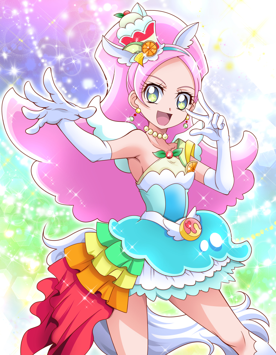 1girl :d armpits bare_shoulders blue_hairband blue_skirt collarbone cowboy_shot cure_parfait elbow_gloves food_themed_hair_ornament gloves green_eyes hair_ornament hairband hanzou highres jewelry kirahoshi_ciel kirakira_precure_a_la_mode light_particles long_hair looking_at_viewer magical_girl necklace open_mouth outstretched_hand pink_hair precure rainbow_background rainbow_order skirt smile solo tail v white_gloves white_wings wings