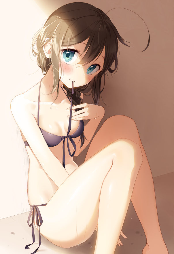 10s 1girl ahoge bangs bikini black_bikini blue_eyes blush braid breasts brown_hair collarbone eyebrows_visible_through_hair front-tie_bikini front-tie_top hair_between_eyes hand_on_own_chest kantai_collection light_smile long_hair looking_at_viewer mouth_hold naoto_(tulip) shade shigure_(kantai_collection) side-tie_bikini side_braid sidelocks single_braid sitting small_breasts solo swimsuit thighs untying wet
