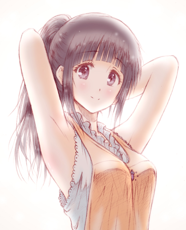1girl apron arms_behind_head arms_up bangs black_hair bluez blunt_bangs casual chitanda_eru eyebrows_visible_through_hair hyouka long_hair looking_at_viewer ponytail simple_background sleeveless smile solo upper_body violet_eyes white_background