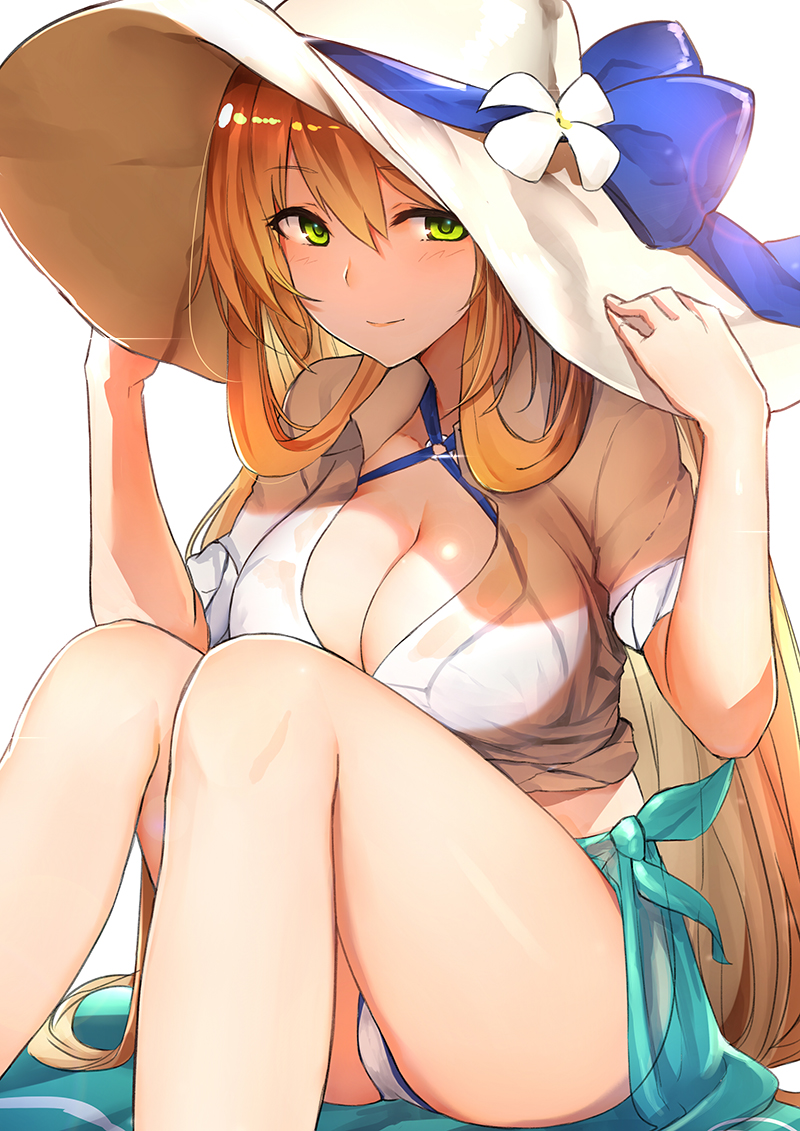 1girl bikini breasts brown_hair cleavage girls_frontline green_eyes hat large_breasts long_hair looking_at_viewer luse_maonang m1903_springfield_(girls_frontline) o-ring_bikini o-ring_top sarong see-through simple_background sitting solo sun_hat swimsuit very_long_hair white_background white_bikini white_hat