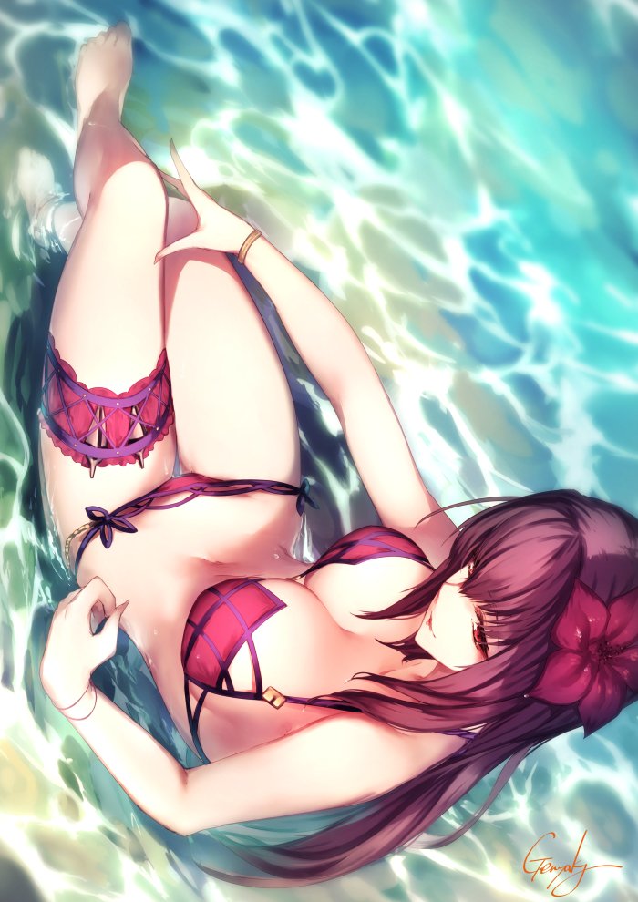 1girl artist_name bikini breasts cleavage collarbone day fate/grand_order fate_(series) flower from_above full_body hair_flower hair_ornament kyouya_(mukuro238) large_breasts legs_crossed long_hair navel ocean outdoors partially_submerged purple_bikini purple_hair scathach_(fate/grand_order) scathach_(swimsuit_assassin)_(fate) sitting solo swimsuit thigh_strap violet_eyes water