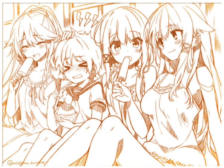 &gt;_&lt; 1boy 3girls anceril_sacred bangs brain_freeze ciel_sacred closed_eyes food hair_between_eyes hair_ornament long_hair looking_at_another mishima_kurone monochrome multiple_girls open_mouth original petting popsicle selica_crimson shirokami_project short_hair sitting smile tierra_azur